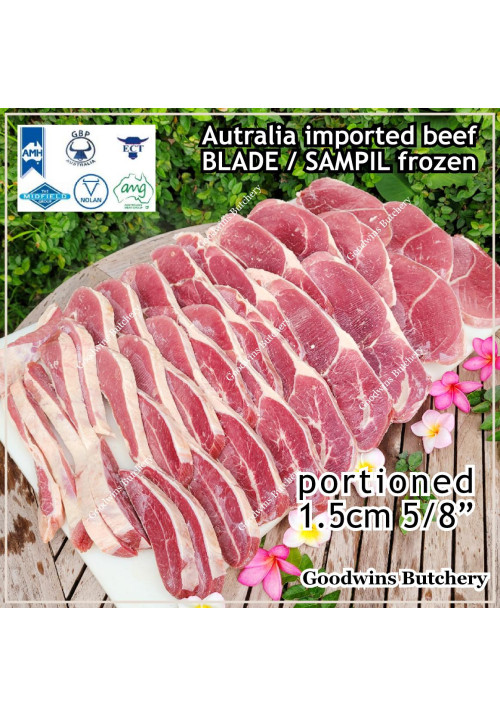 Beef BLADE Australia frozen daging sapi sampil DENDENG / EMPAL / JERKY CUTS 1.5cm 5/8" (price/pack 1kg 2-4pcs) any brand in stock; GBP, WMPG, RALPHS or AMH